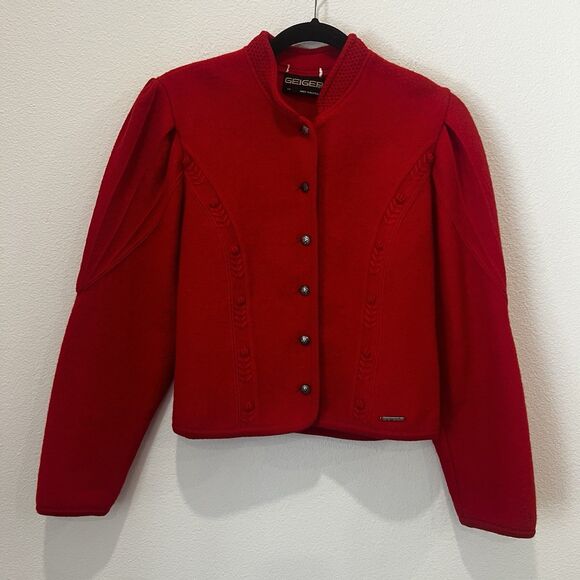 Geiger 40 Wool Cardigan Sweater Red Button Front Braid Austria Medium Preppy - Picture 1 of 10